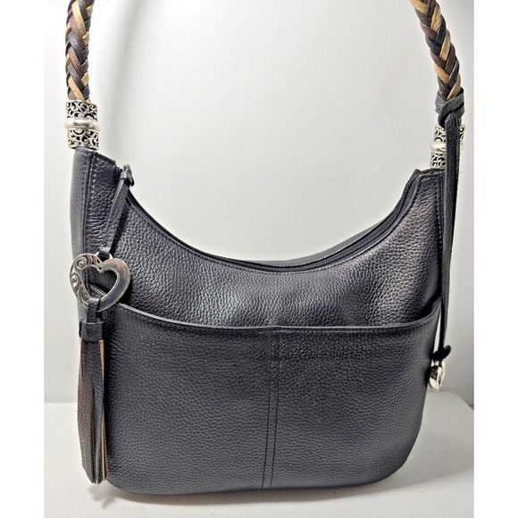 Chic BRIGHTON Barbados Zip Top Hobo Shoulder Bag leather & Braided Strap Black - Picture 2 of 15